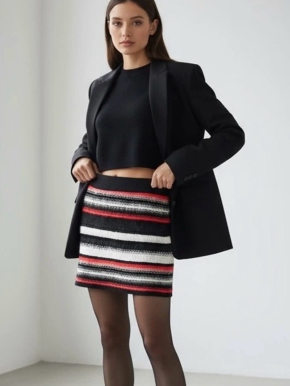 Dolce & Gabbana Black, White & Red Striped Sequin Mini Skirt